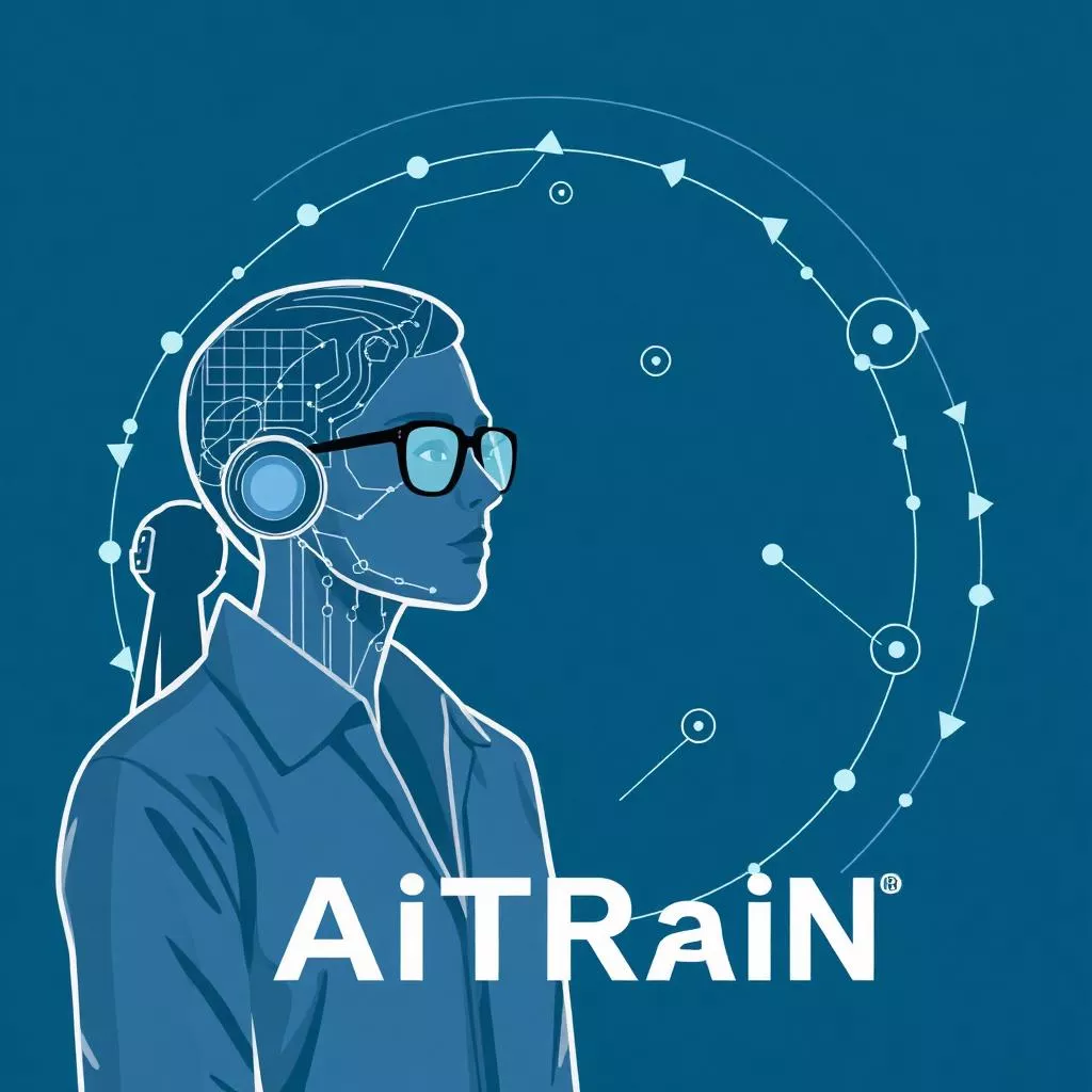Sylwetka osoby z futurystycznymi elementami wokół głowy, na tle niebieskiego okręgu z punktami i liniami. Napis 'AiTRaiN' u dołu.