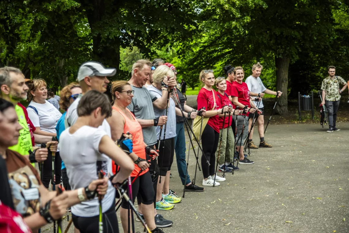 Grupa osób z kijkami w rękach stoi na linii startu do rywalizacji
