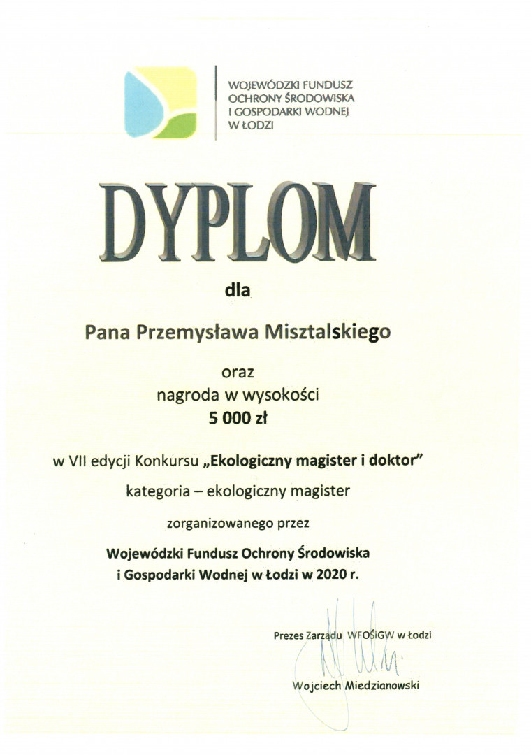 Dyplom dla Przemysława Misztalskiego
