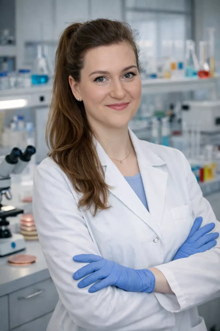 Młoda, uśmiechnięta naukowczyni stoi w laboratorium ubrana w biały fartuch i ochronne rękawiczki. Ma włosy związane w długą kitkę.